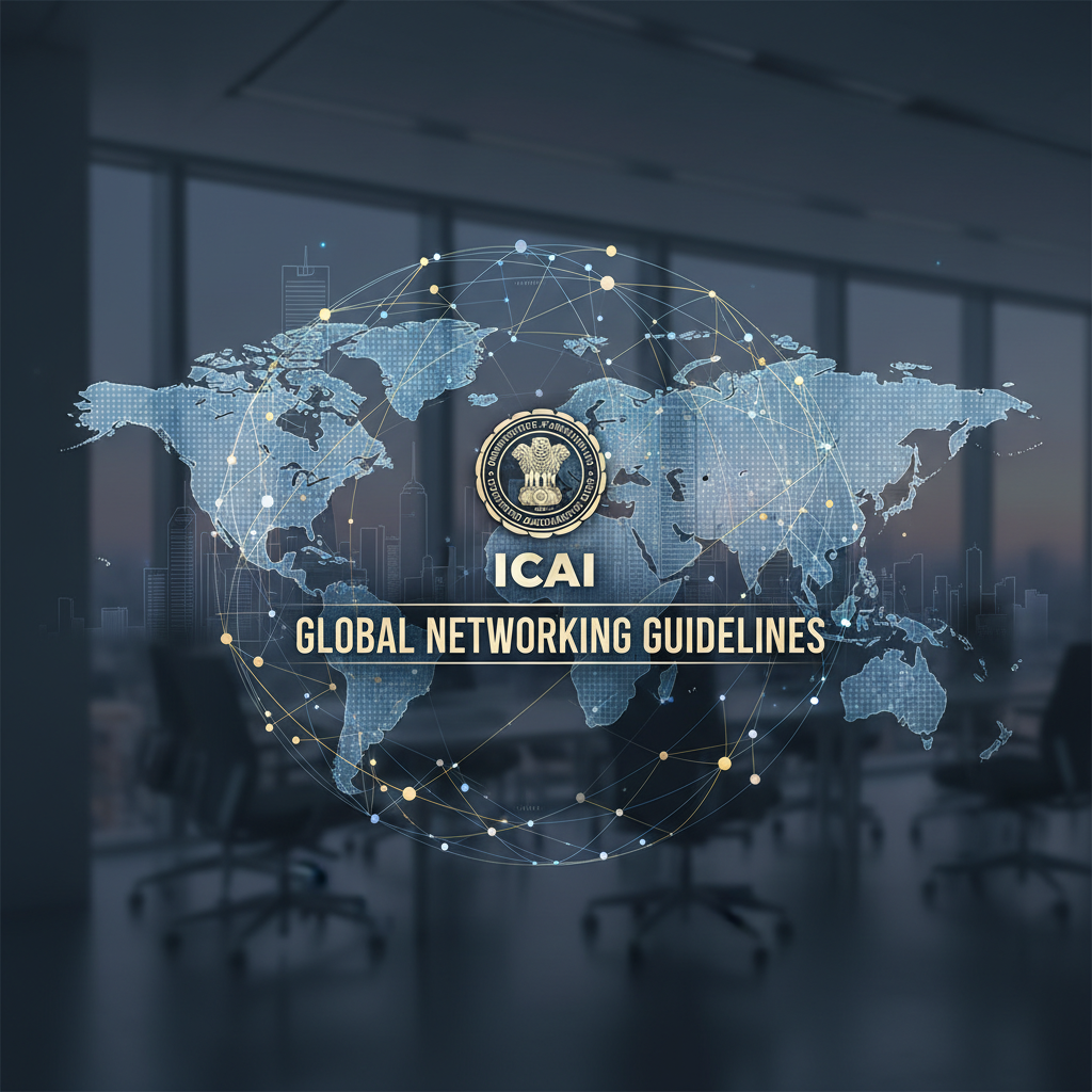 A professional image representing global networking for chartered accountant firms, with the ICAI logo and world map.