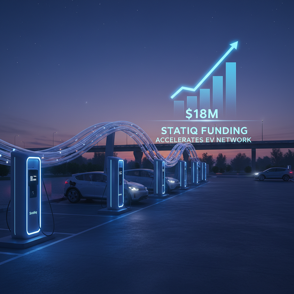 Electric vehicles charging at a Statiq station at dusk, with an upward trending graph indicating $18M funding.