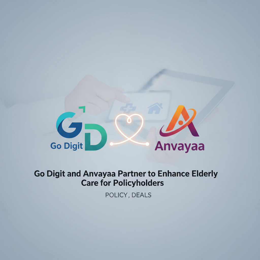 Logo marks for Go Digit and Anvayaa connected by an illuminated heart symbol, with a tablet in the background.