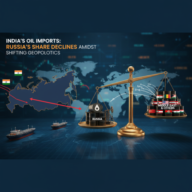 A professional graphic depicting India's oil import shift, with a scale showing Russia's declining share and others rising.