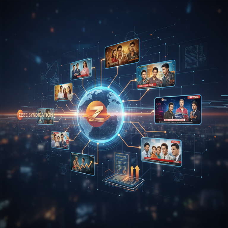 Digital globe with Zee logo, surrounded by content screens and network lines representing syndication and deals.