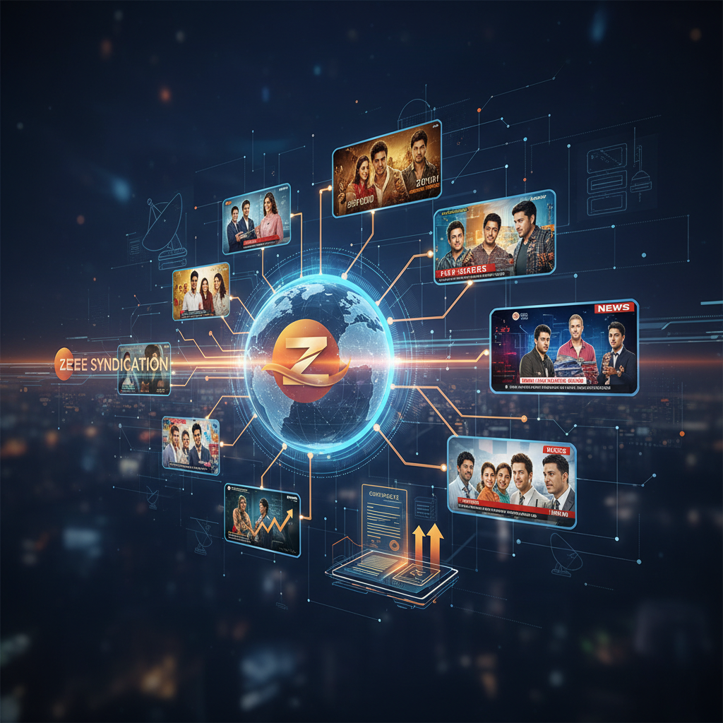 Digital globe with Zee logo, surrounded by content screens and network lines representing syndication and deals.