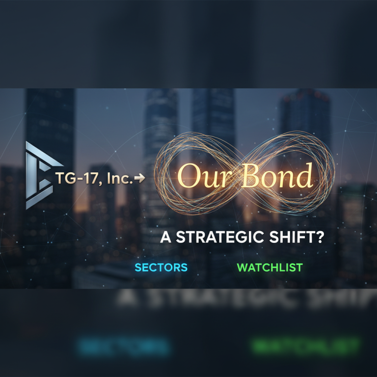 A professional graphic showing a rebrand from 'TG-17, Inc.' to 'Our Bond' with an infinity symbol.