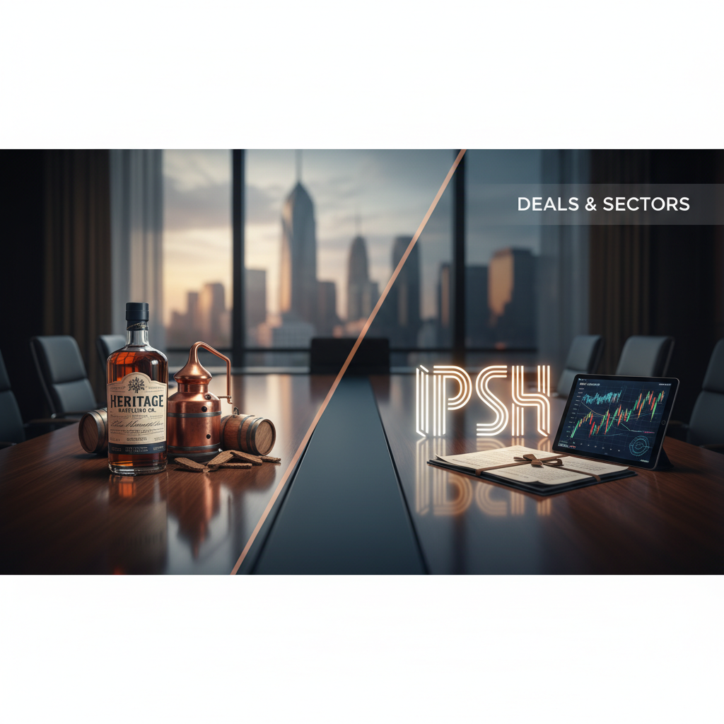 A professional image depicting the brand evolution from a distillery to a strategic holdings company, with relevant objects.