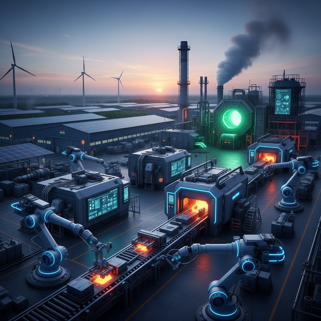 An advanced Indian steel plant with AI, automation, and green energy.