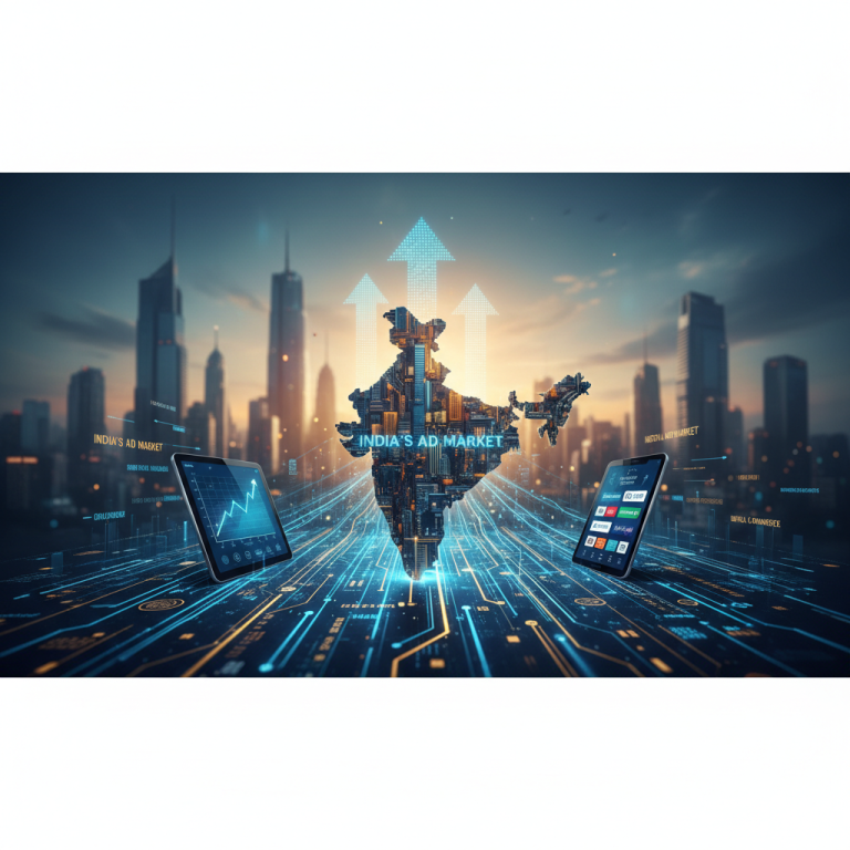 A futuristic cityscape forms the outline of India, with rising arrows and digital devices, symbolizing market growth.