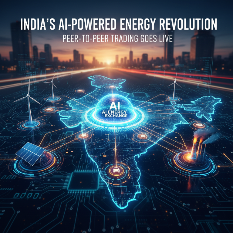 A digital map of India with glowing AI and energy symbols, wind turbines, solar panels, and a smart grid overlay.