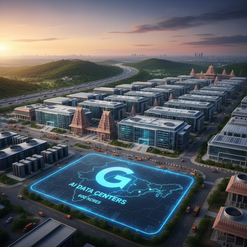 An aerial view of a sprawling data center complex under construction, with a prominent Google AI Data Centers hologram.