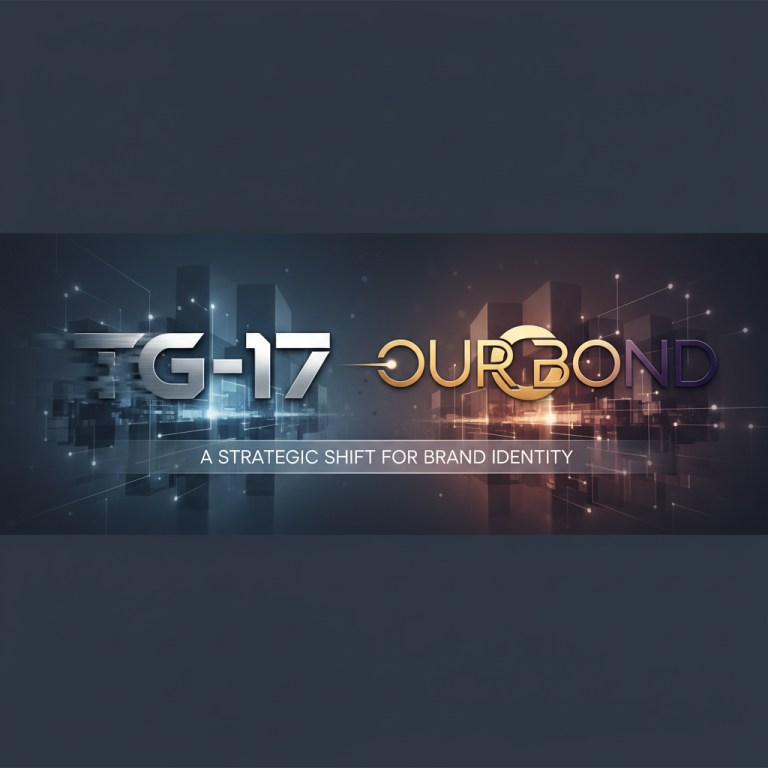 A modern graphic showing "TG-17" transitioning to "Our Bond" with a digital city background, representing brand evolution.