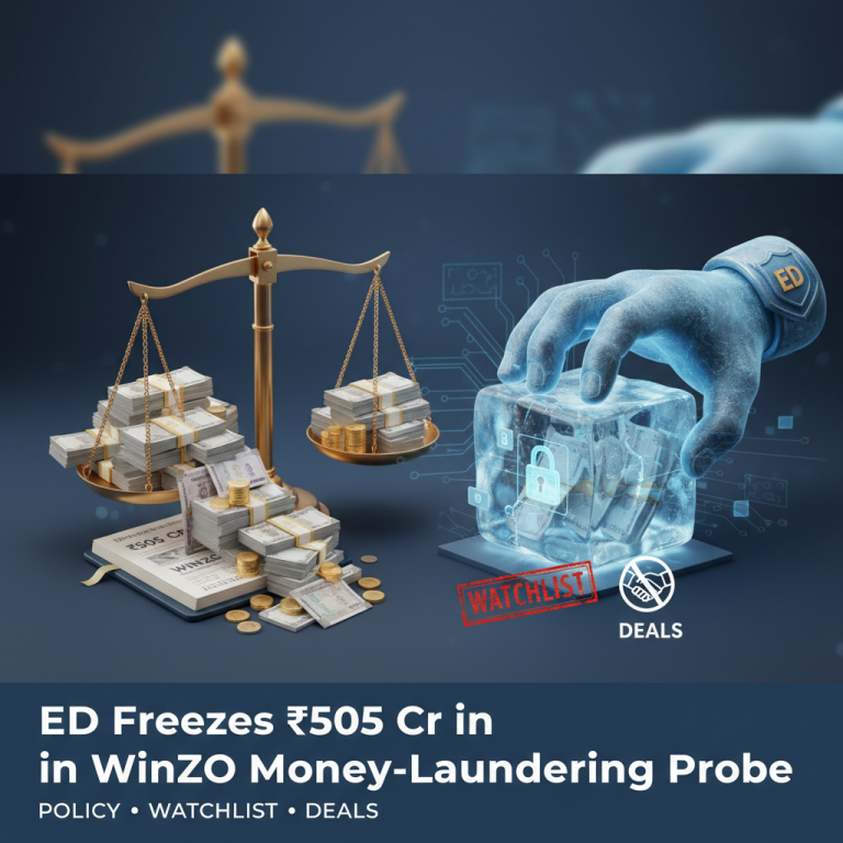 A professional image illustrating financial investigation with frozen assets, a lock, and the ED shield.