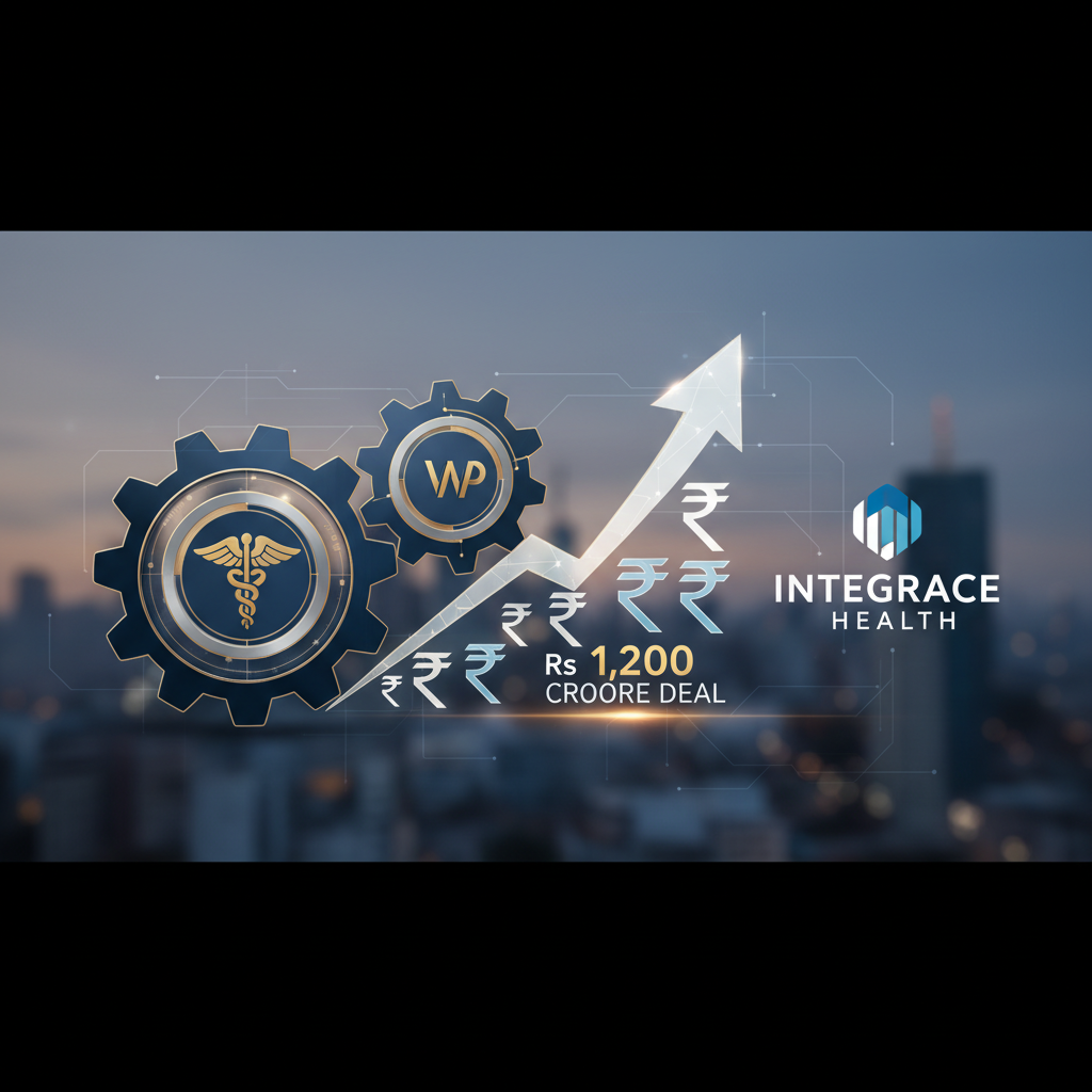 Two gears, one with a caduceus, the other with "WP," symbolizing a healthcare deal. An arrow points up with rupees and "Rs 1,200 CROORE DEAL."