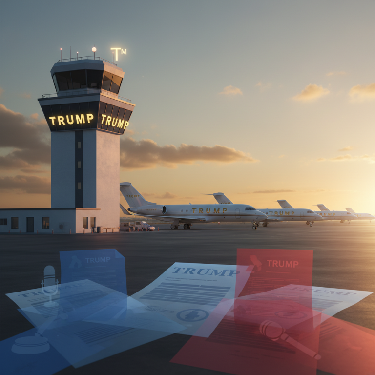 A modern airport control tower with "TRUMP" branding, private jets, and policy documents at sunset.