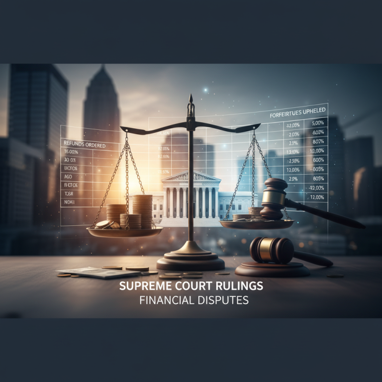 A professional image depicting the scales of justice with financial elements, symbolizing Supreme Court rulings on refunds and forfeitures.