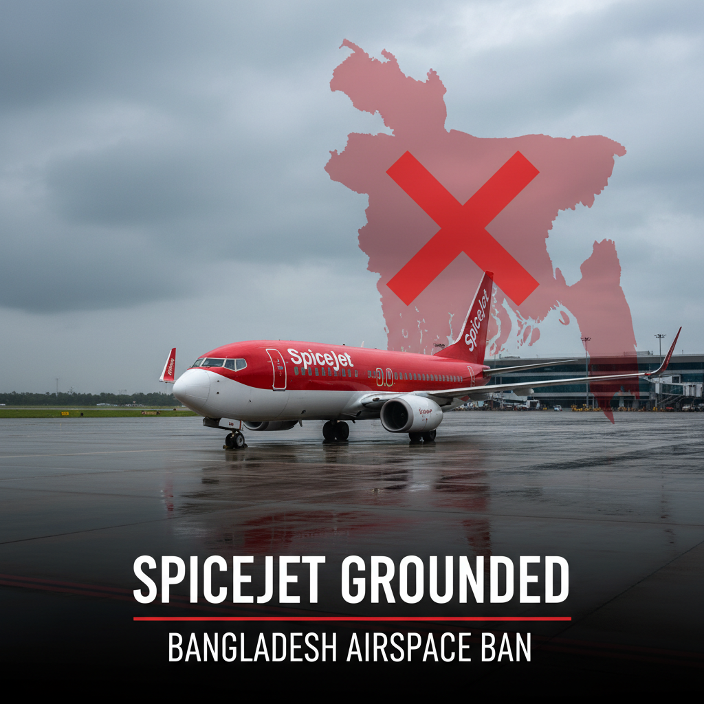 SpiceJet plane on tarmac with a red, crossed-out map of Bangladesh overlaid, symbolizing a flight ban.