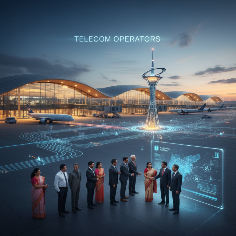 Business professionals shaking hands with a modern airport terminal and digital network overlay in the background.