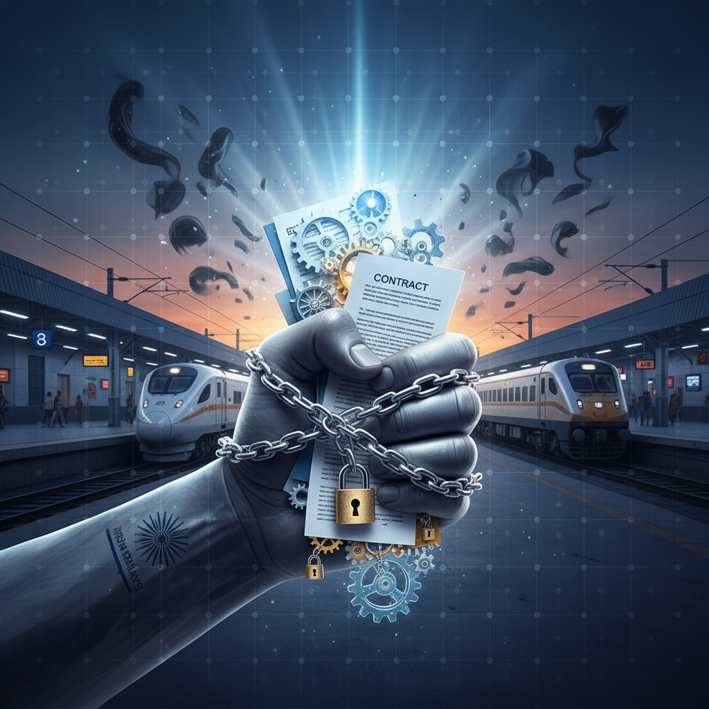 A chained fist holding a contract, symbolizing tight control against corruption, set against a backdrop of Indian Railways.