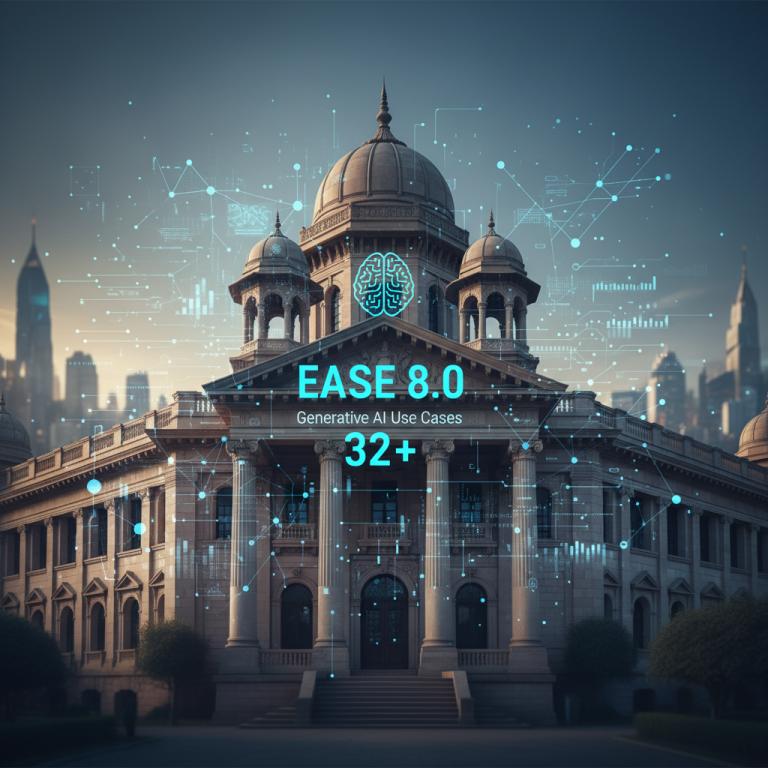 A grand government building with a blue overlay of digital networks and a brain icon, symbolizing AI integration in policy.