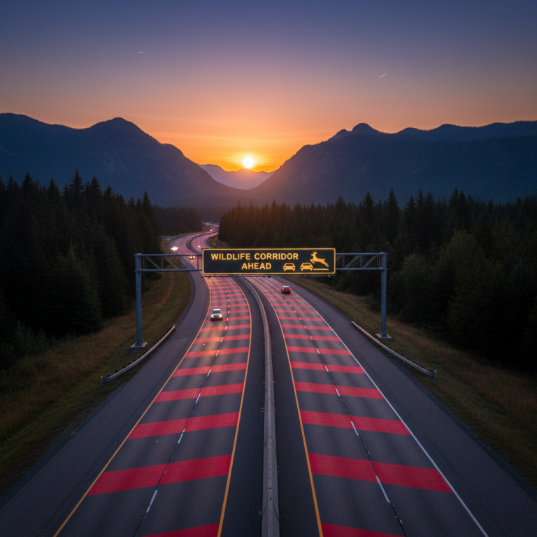 A highway with prominent red markings and an illuminated "Wildlife Corridor Ahead" sign, set against a sunset over mountains.