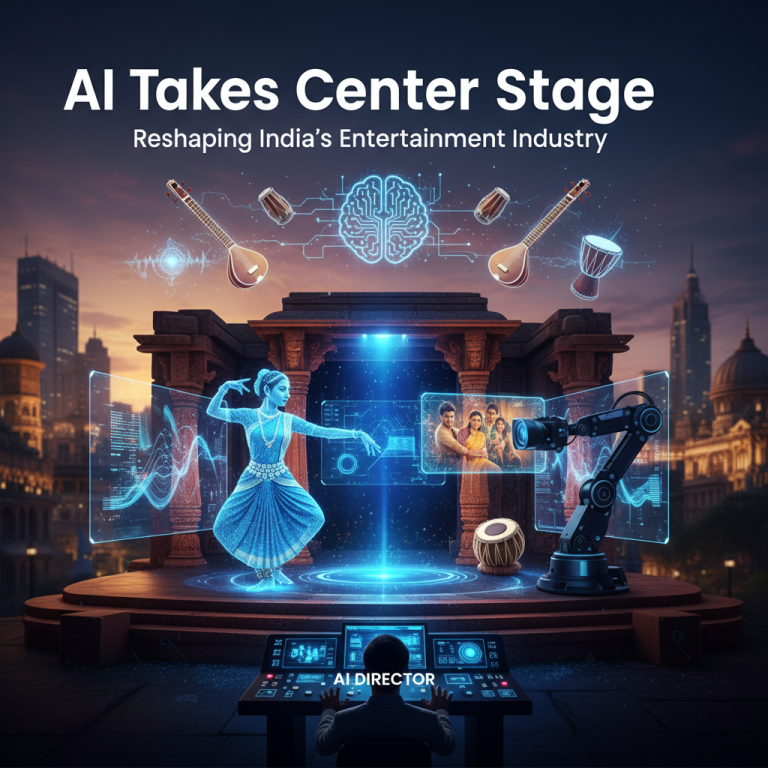 A futuristic stage with holographic Indian dancers, musical instruments, and a robotic arm, symbolizing AI in entertainment.