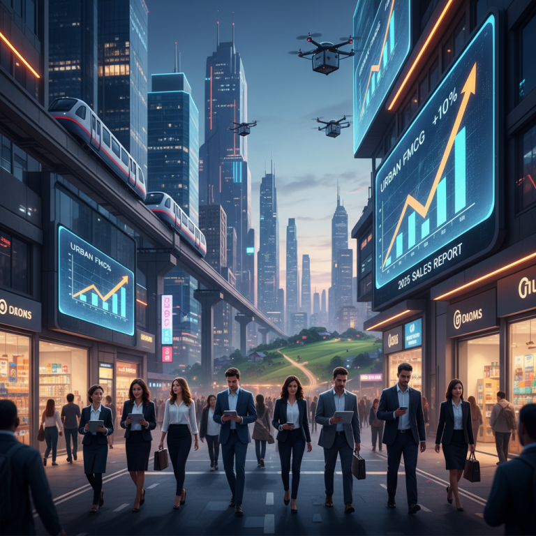 A bustling urban street with skyscrapers, a monorail, drones, and digital screens showing "Urban FMCG +10% 2025 Sales Report."