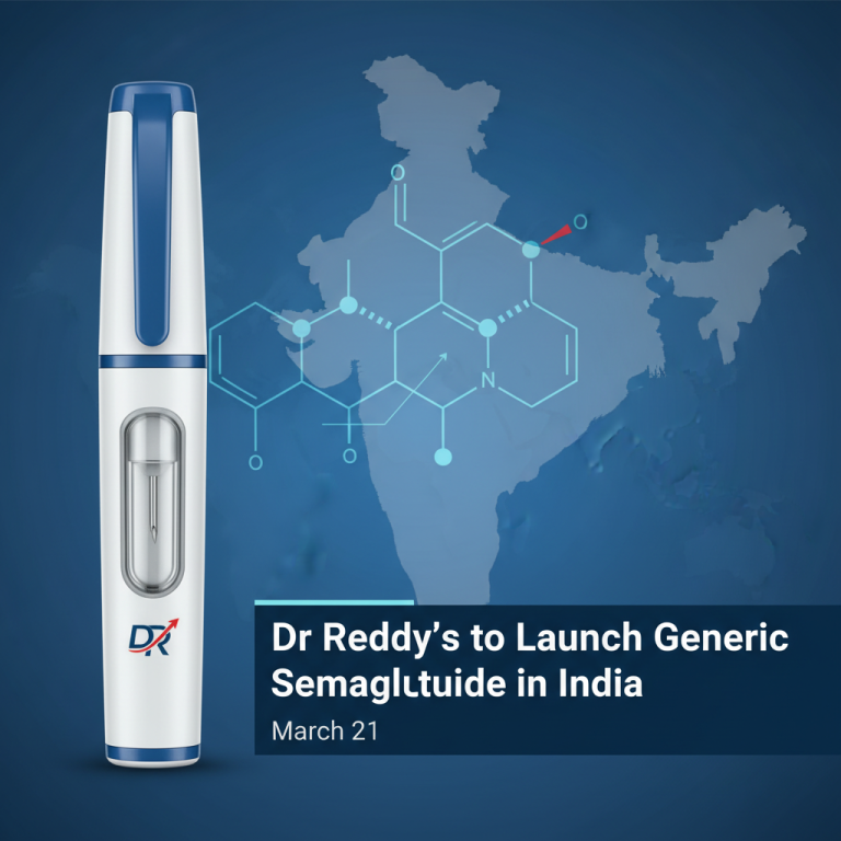 A professional image showing a generic semaglutide injection pen, a map of India, and a chemical structure.