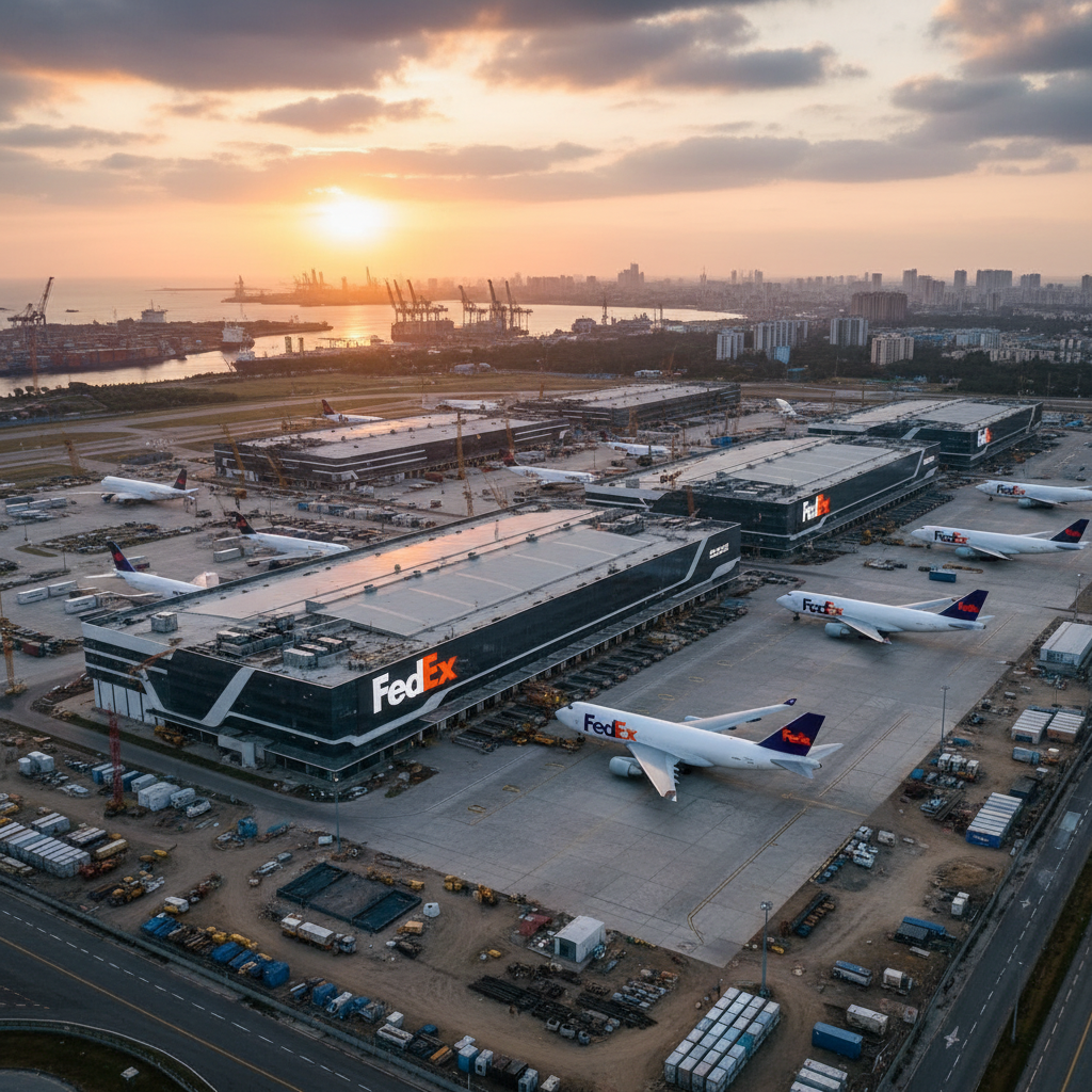 Aerial view of a large FedEx air cargo hub with multiple cargo planes and warehouses at sunset, against a city skyline.
