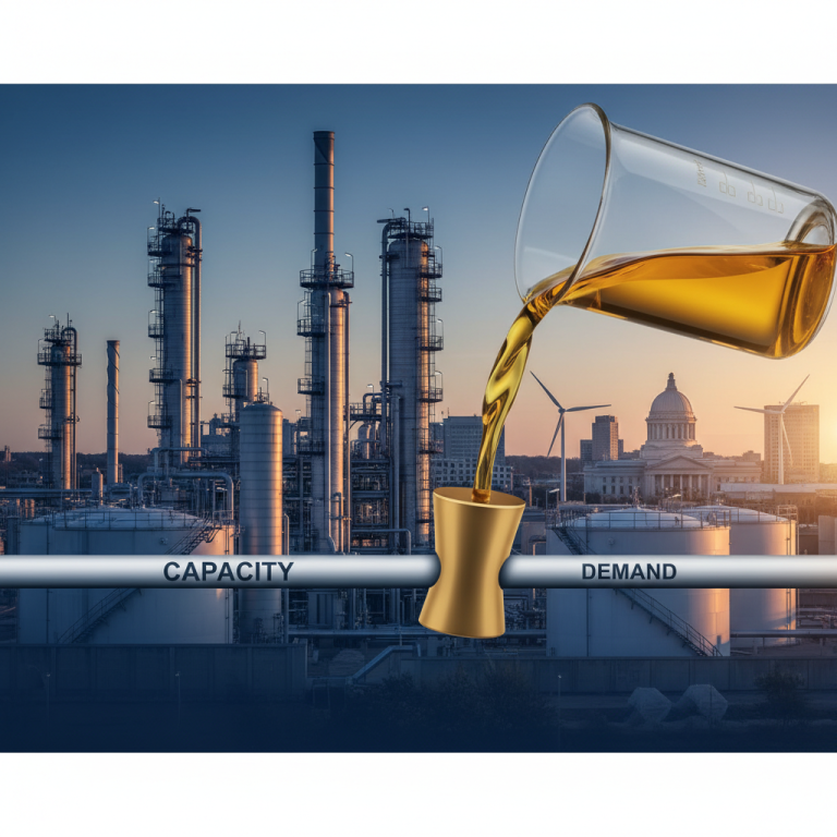 A refinery skyline at sunset, with ethanol pouring from a beaker into a bottlenecked pipe labeled "DEMAND."