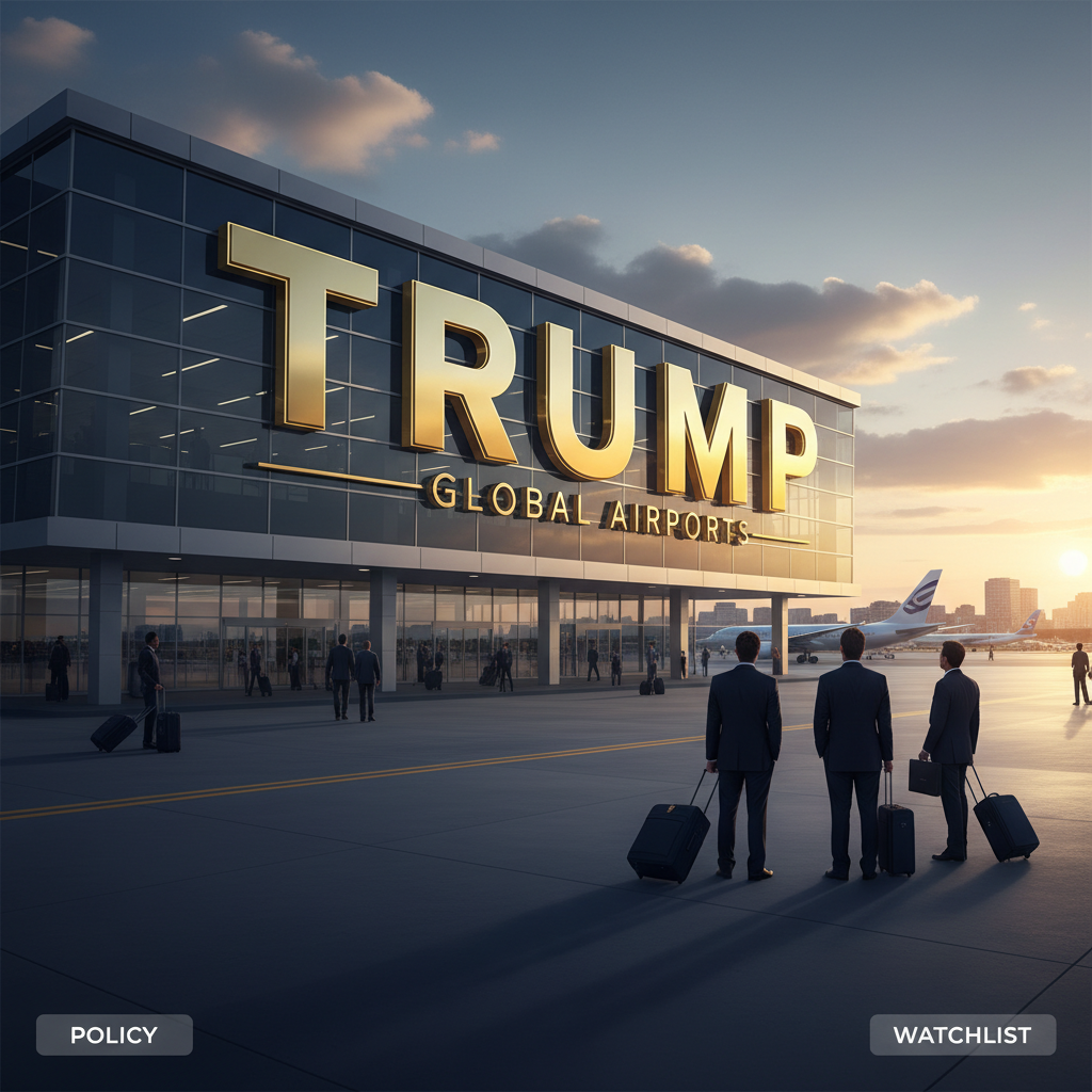 A modern airport terminal with "TRUMP GLOBAL AIRPORTS" in large gold letters, with business travelers and planes.