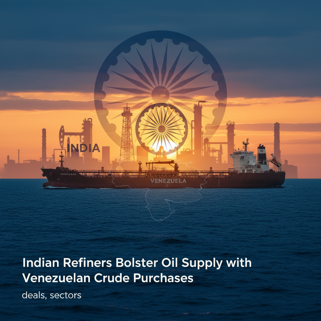 An oil tanker sailing at sunset with an industrial refinery in the background, overlaid with map outlines of India and Venezuela.