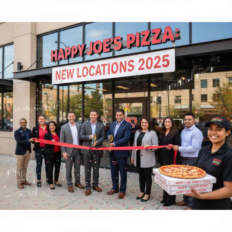Grand opening of a new Happy Joe's Pizza, with a diverse group cutting a ribbon and confetti falling.