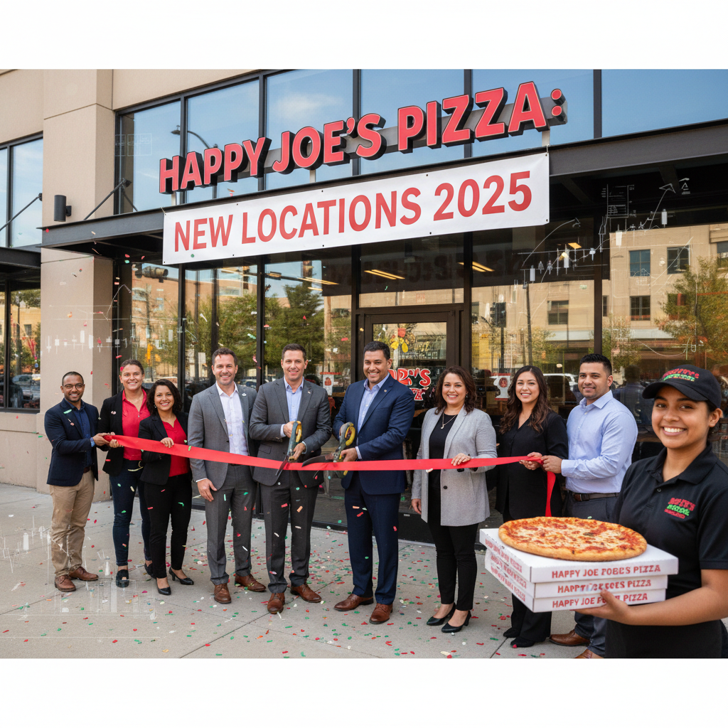 Grand opening of a new Happy Joe's Pizza, with a diverse group cutting a ribbon and confetti falling.