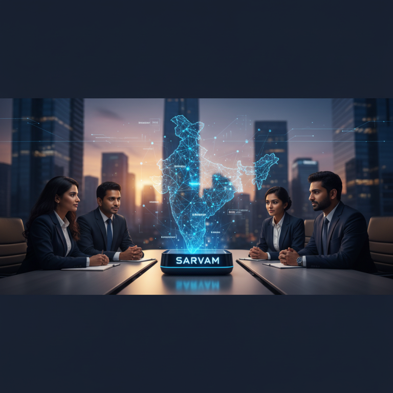 Four diverse professionals in a modern office looking at a holographic map of India with "SARVAM" displayed.