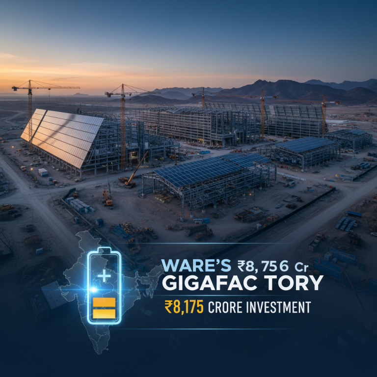 An aerial shot of a massive gigafactory construction site with solar panels, cranes, and a glowing battery icon over India.