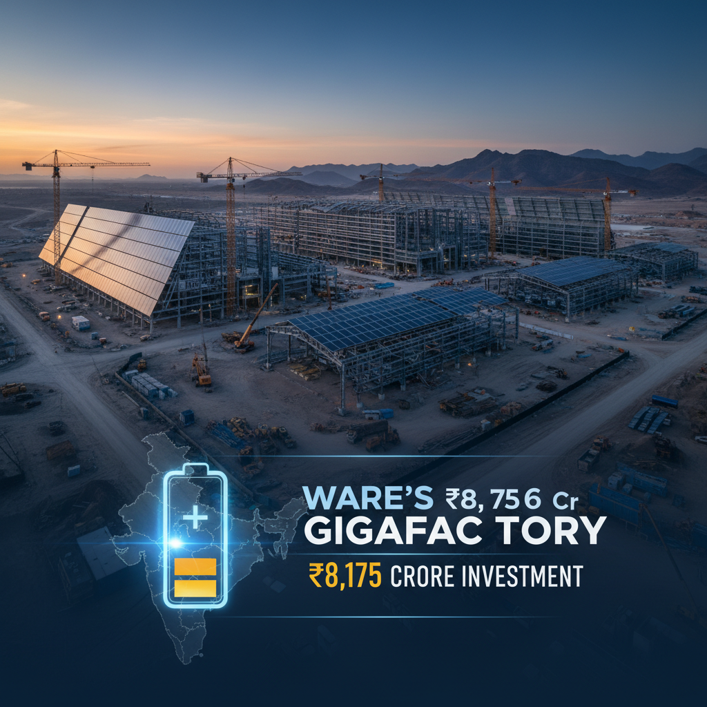An aerial shot of a massive gigafactory construction site with solar panels, cranes, and a glowing battery icon over India.