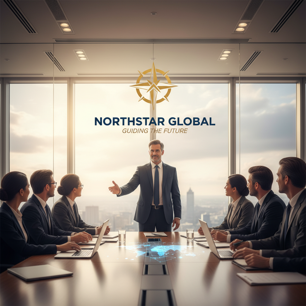 A professional CEO addresses a diverse team in a modern boardroom, with the company logo and motto "Northstar Global: Guiding the Future" prominently displayed against a city skyline.