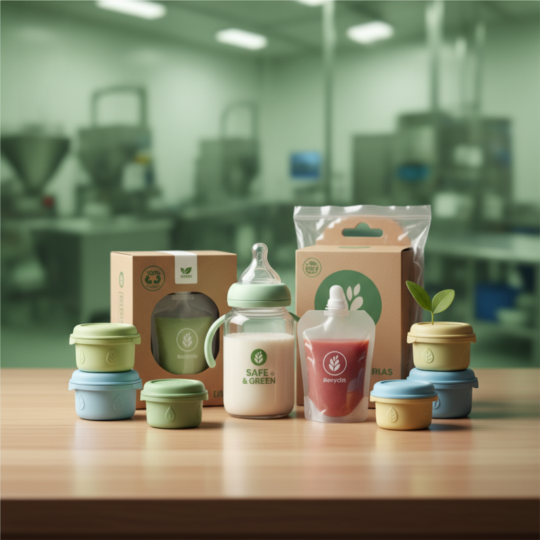 Assortment of baby feeding products, emphasizing safety and sustainability, in a food processing setting.