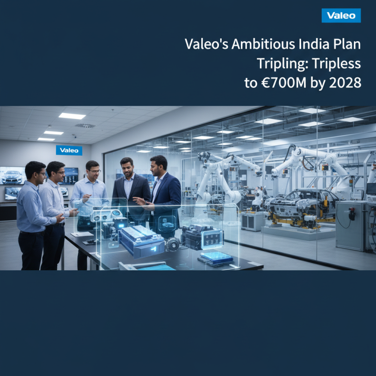 A group of professionals discussing automotive components with a futuristic holographic display in a modern Valeo facility.