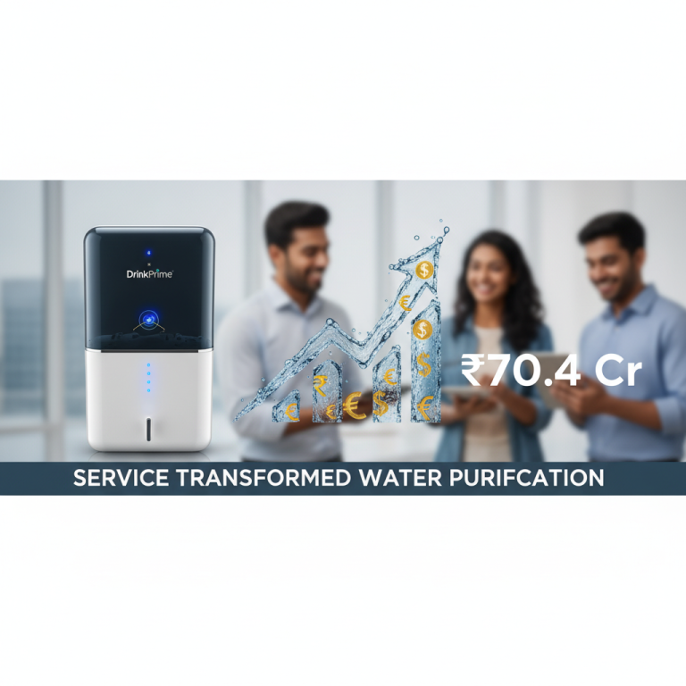 A modern water purifier with a rising graph made of water and currency symbols, with business people in the background.