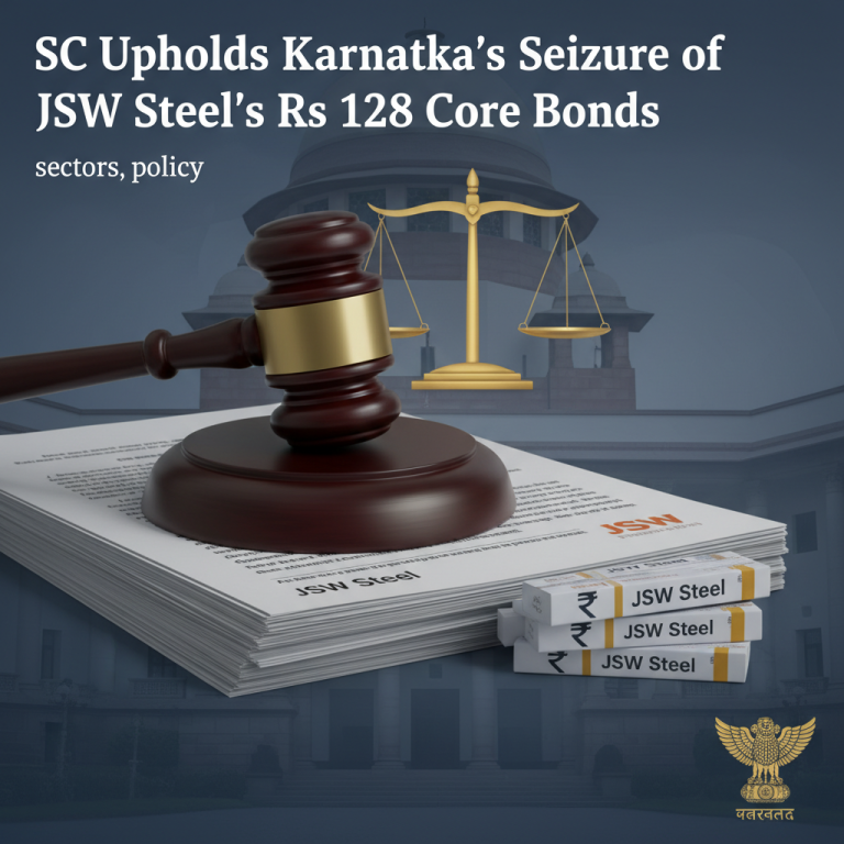 A gavel, legal documents, stacks of bonds with Indian Rupee symbols and "JSW Steel" text, and scales of justice.