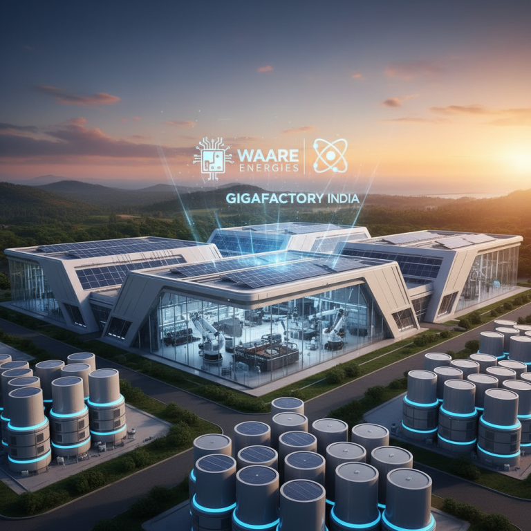 An aerial view of a futuristic gigafactory with solar panels and energy storage units at sunset.