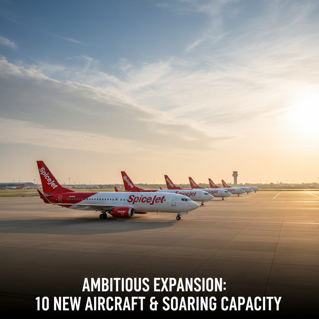 A fleet of SpiceJet airplanes lined up on a tarmac at sunset, with an airport control tower in the distance.