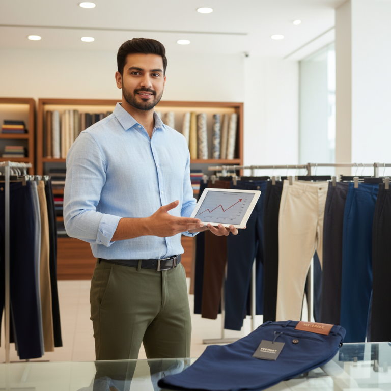 A stylish man in a clothing store holding a tablet displaying an upward trend graph, with trousers on racks.