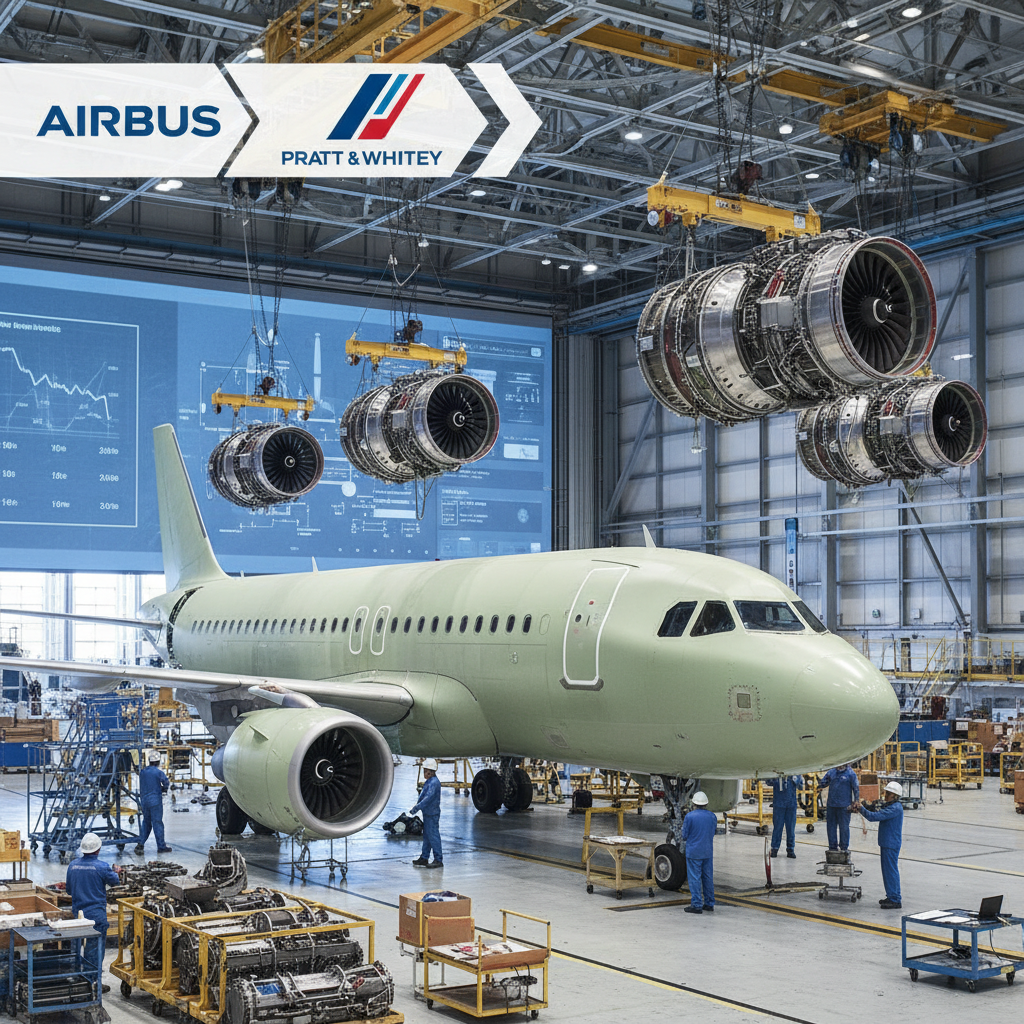 An Airbus aircraft on an assembly line with Pratt & Whitney engines being installed, representing production challenges.