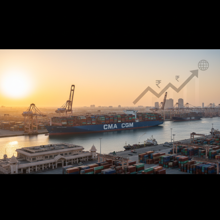 A CMA CGM container ship at a busy port in India, with an upward-trending graph and currency symbols.