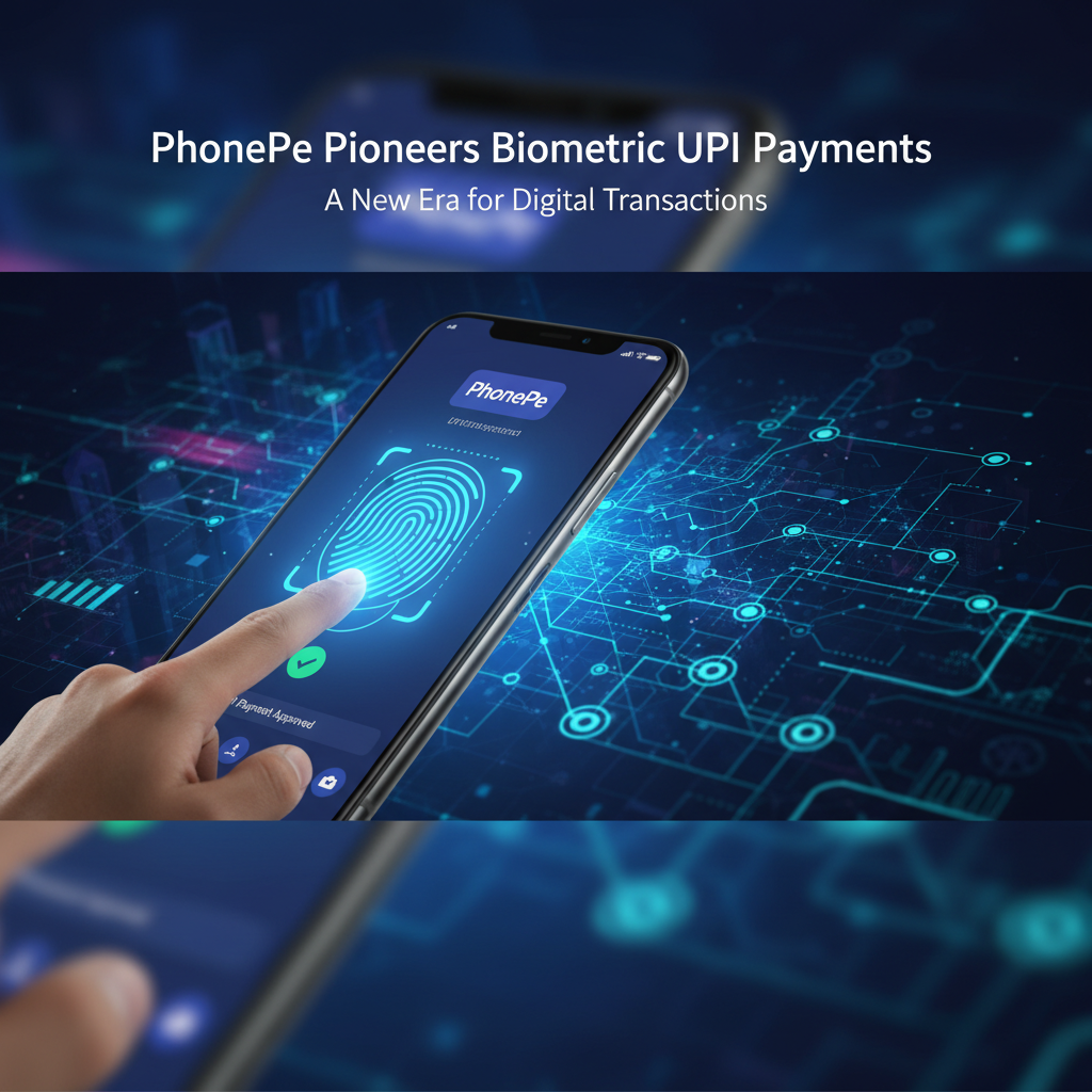 A hand uses fingerprint biometrics on a smartphone to make a PhonePe UPI payment, with a blue digital network background.