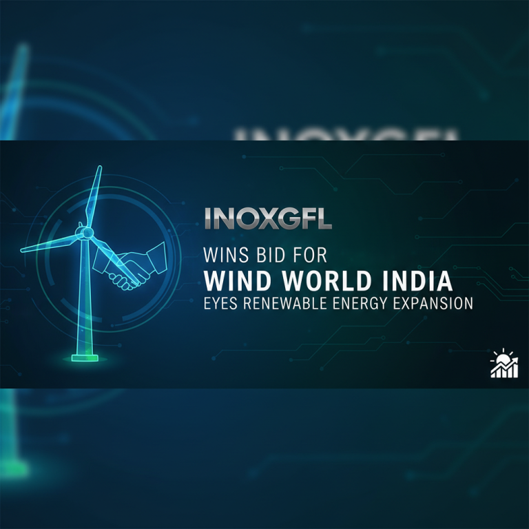 A digital graphic showing a wind turbine, a handshake, and the text "INOXGFL Wins Bid for Wind World India, Eyes Renewable Energy Expansion."