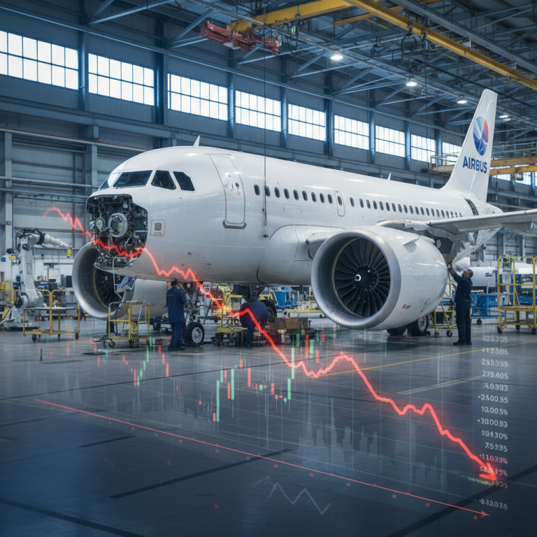 An Airbus aircraft in a hangar with an overlay of a downward trending stock market graph.