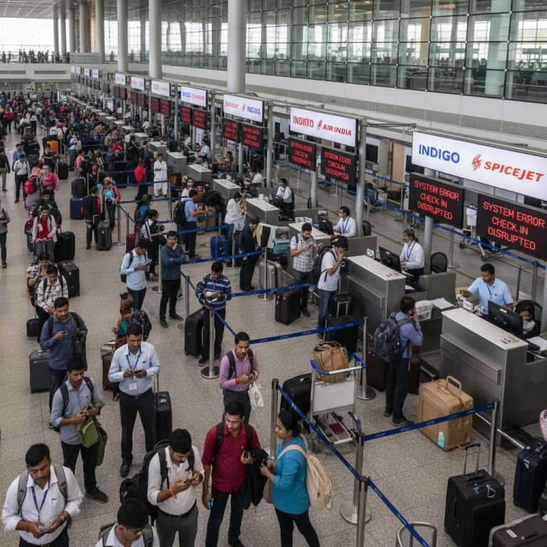 A busy airport check-in area with long queues and digital signs displaying "SYSTEM ERROR: CHECK-IN DISRUPTED."