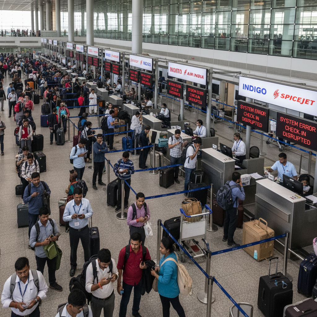 A busy airport check-in area with long queues and digital signs displaying "SYSTEM ERROR: CHECK-IN DISRUPTED."