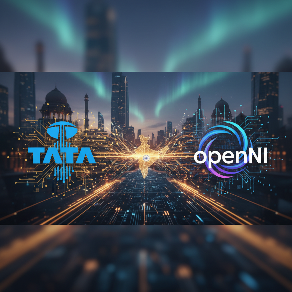 A professional image showing the Tata logo, OpenAI logo, and a digital map of India connected by circuit lines against a city skyline.
